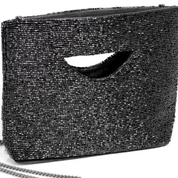 Glass Sparkle Seed Beaded Top Handle Tote Bag Handbag Spring Black NEW - Picture 4 of 5